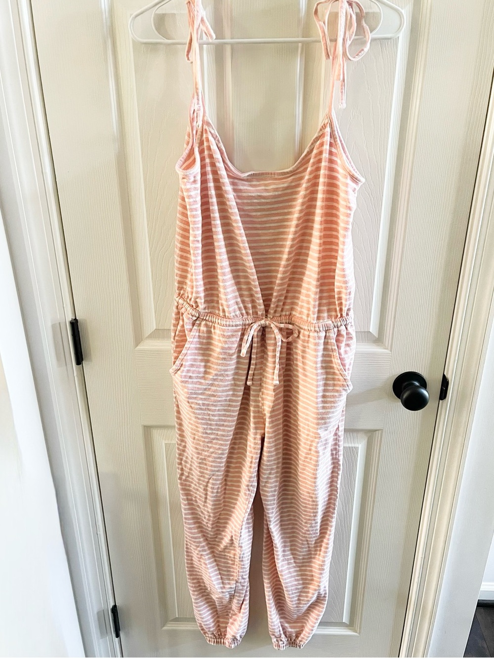 LOFT Sleep Knit Red & White Striped Tie-Shoulder & Tie-Waist Pajama Jumpsuit